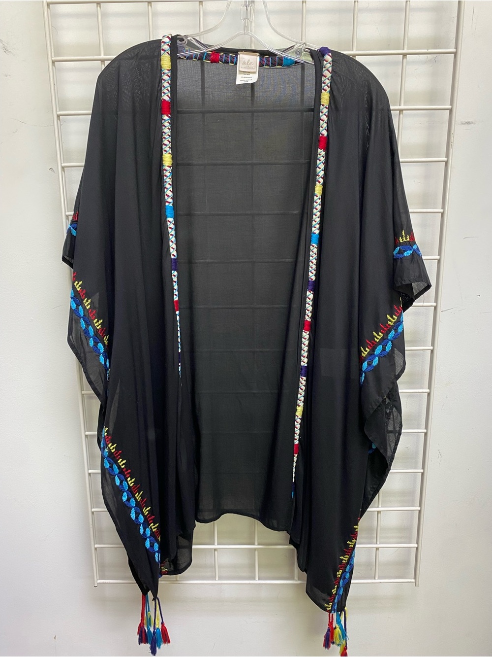 Ale by
ALESANDRA Black Boho Kimono with Colorful Embroidered Trim & Tassels O/S